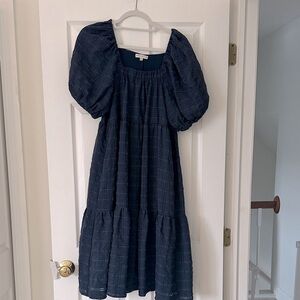 Moon River Midi Dress Navy Blue Plaid Puff Sleeves XS